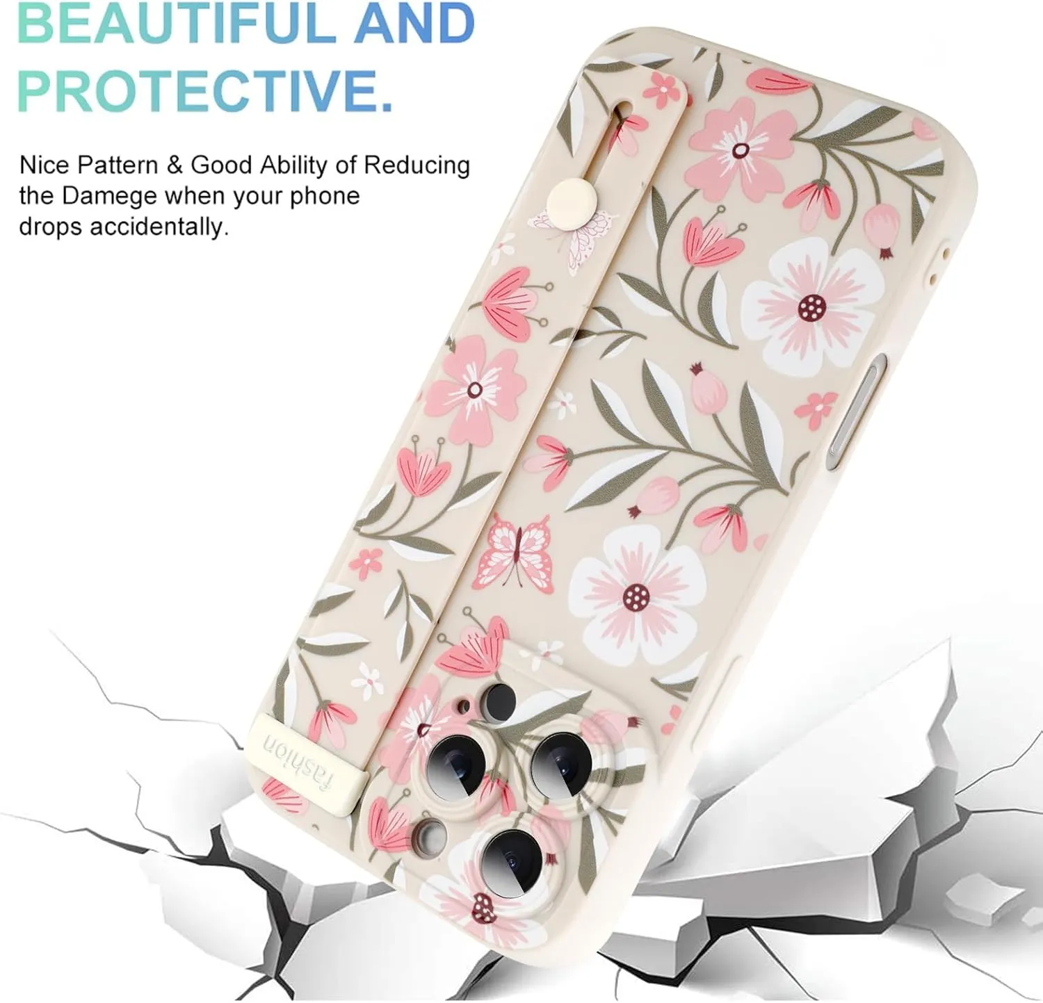 MOWIME Floral for iPhone 16 Pro Max Case with Wrist Strap, Flower Butterfly Design Shockproof Soft TPU Protective Cover Women Girls, Slim Anti Scratch Case for iPhone 16 Pro Max 6.9 Inch, White