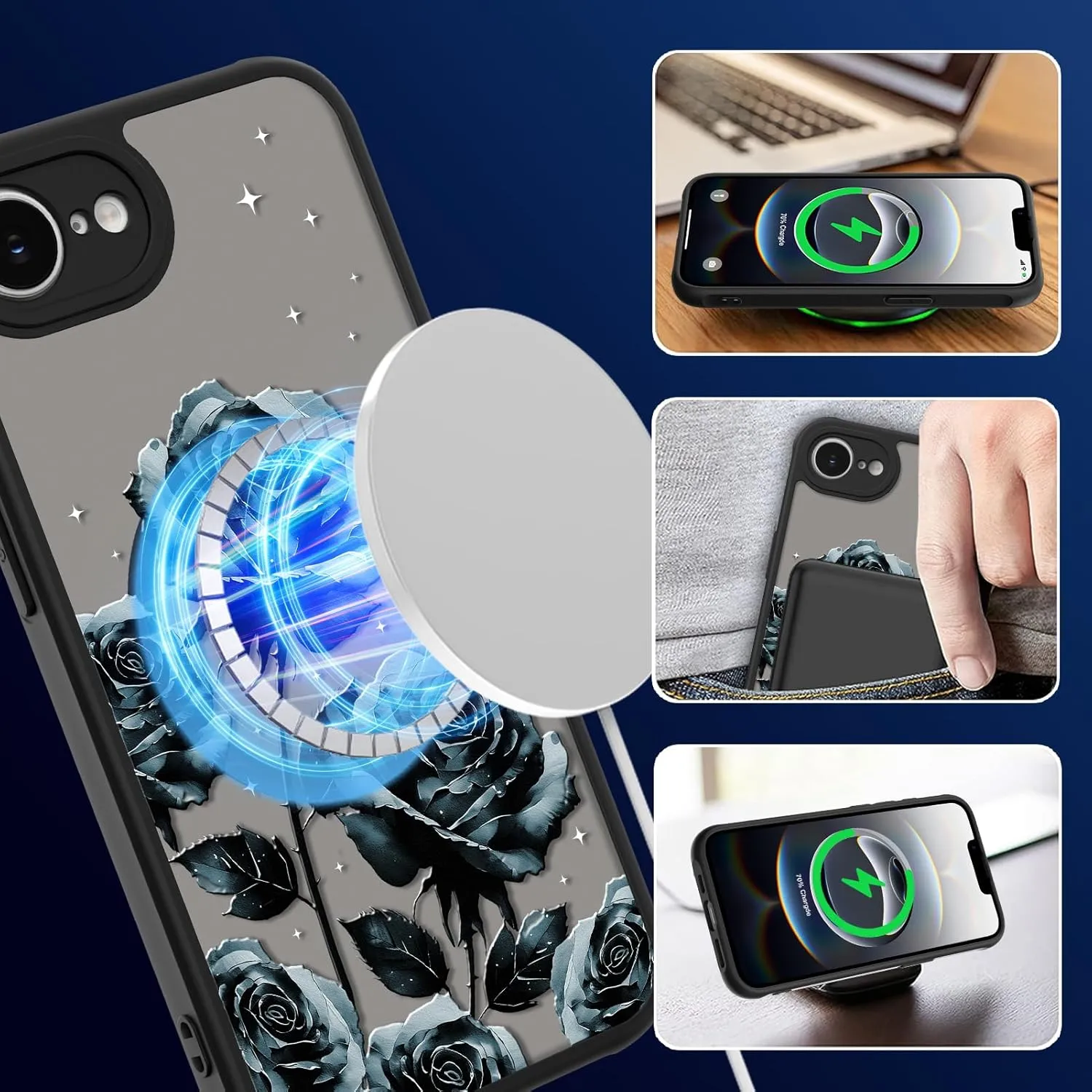 MOWIME Magnetic for iPhone 16e Case, [Compatible with MagSafe] Cute Rose Floral Pattern for Women Girls Shockproof Translucent Matte Protective Case for iPhone 16e, Black