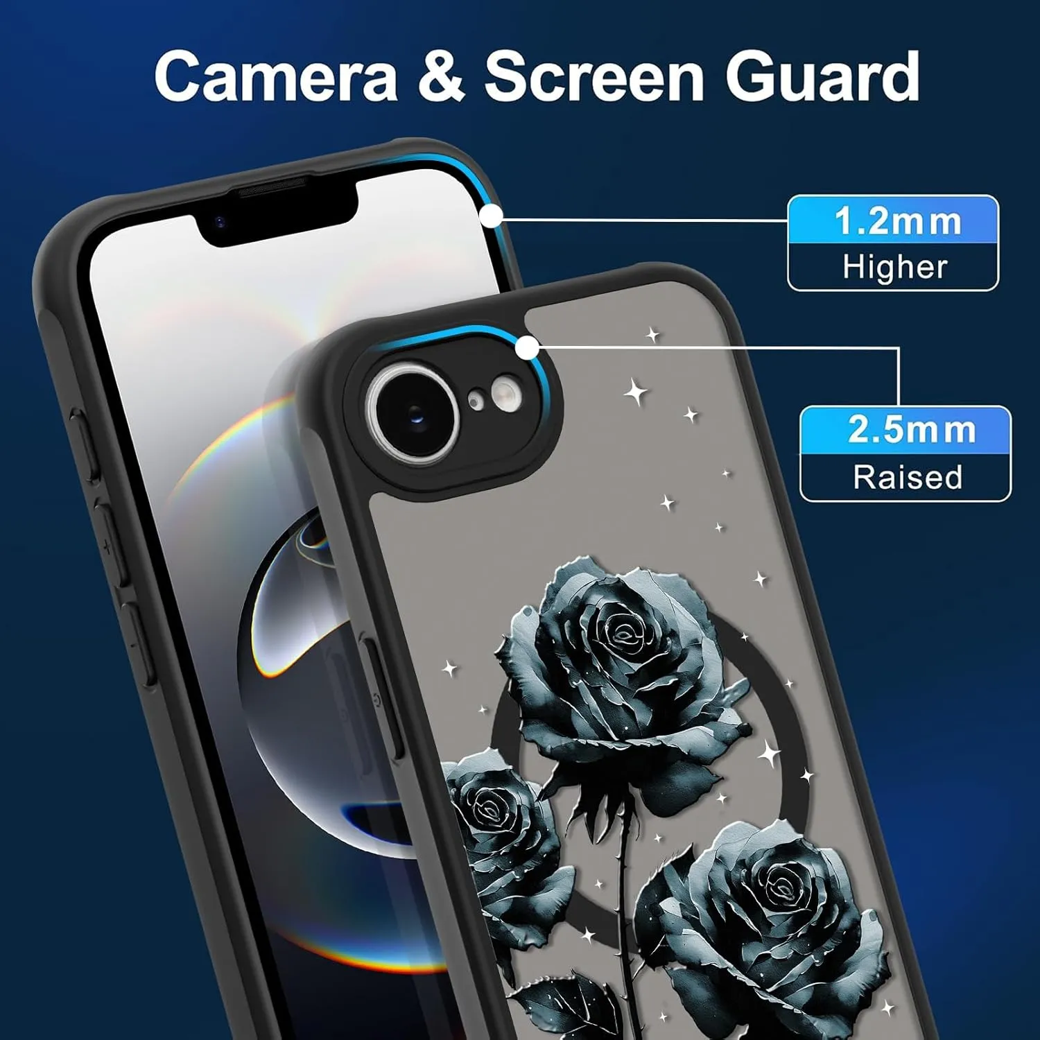 MOWIME Magnetic for iPhone 16e Case, [Compatible with MagSafe] Cute Rose Floral Pattern for Women Girls Shockproof Translucent Matte Protective Case for iPhone 16e, Black