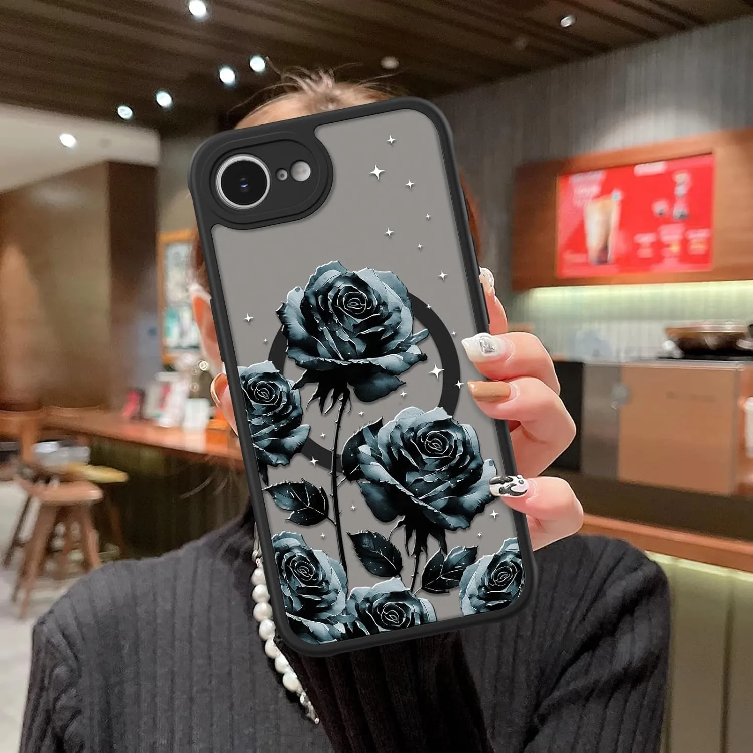 MOWIME Magnetic for iPhone 16e Case, [Compatible with MagSafe] Cute Rose Floral Pattern for Women Girls Shockproof Translucent Matte Protective Case for iPhone 16e, Black