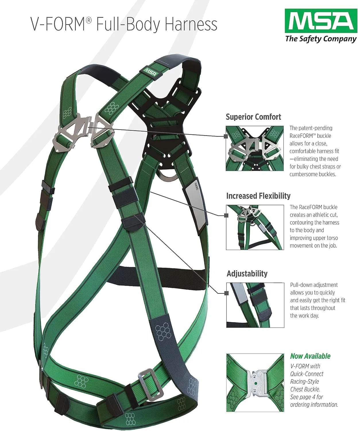 MSA 10197231 V-Form Full Body Safety Harness - Size: Extra Large, D-Ring Configuration: Back/Hip, Qwik Fit Leg Straps, Color: Green, Full Body Harness, Durable, Fall Protection
