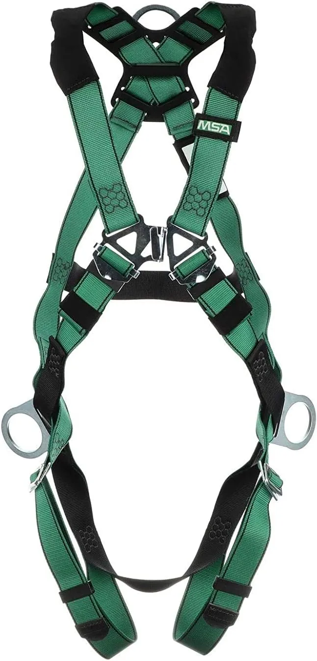 MSA 10197231 V-Form Full Body Safety Harness - Size: Extra Large, D-Ring Configuration: Back/Hip, Qwik Fit Leg Straps, Color: Green, Full Body Harness, Durable, Fall Protection