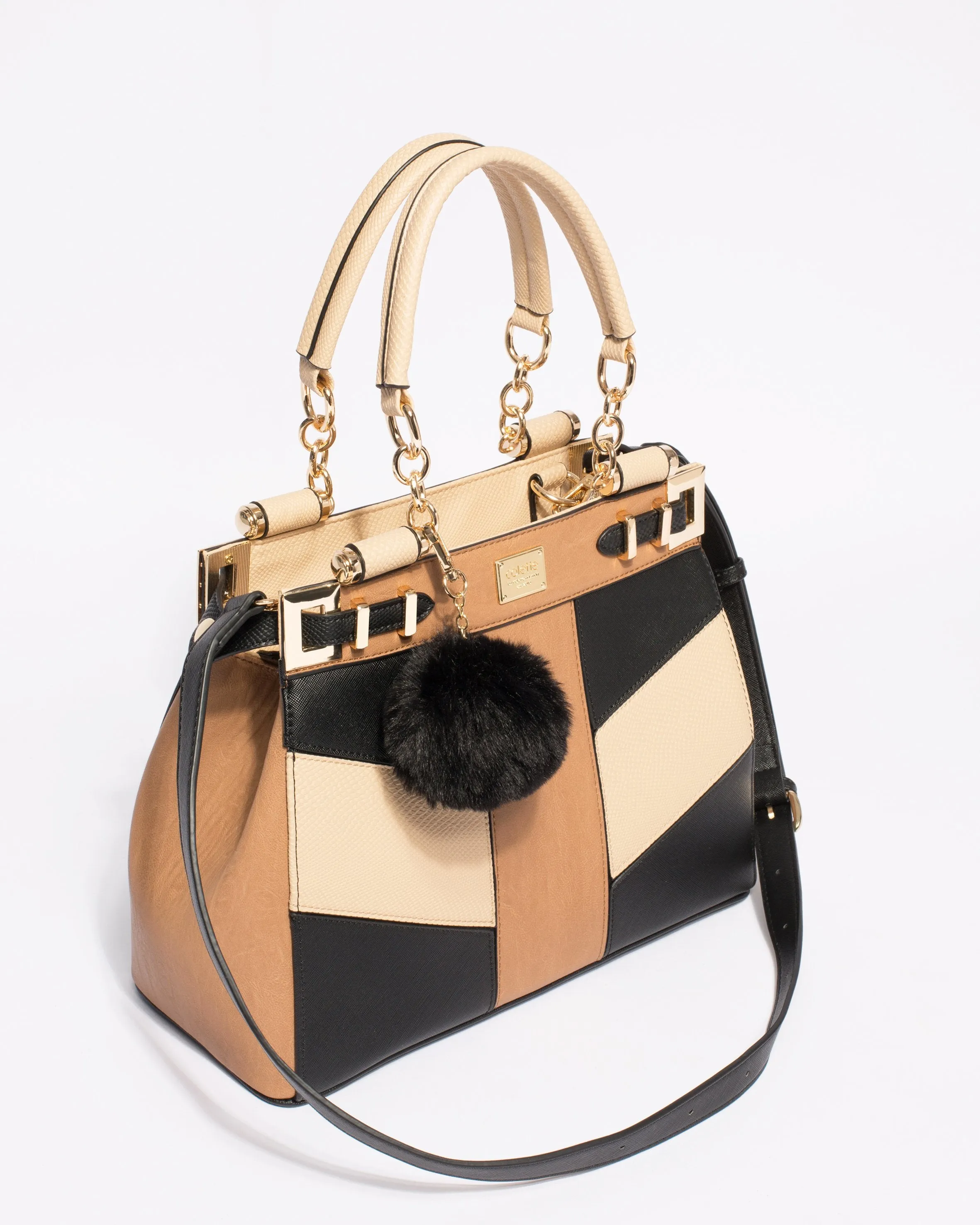 Multi Colour Textured Nadine Pom Pom Tote Bag With Gold Hardware