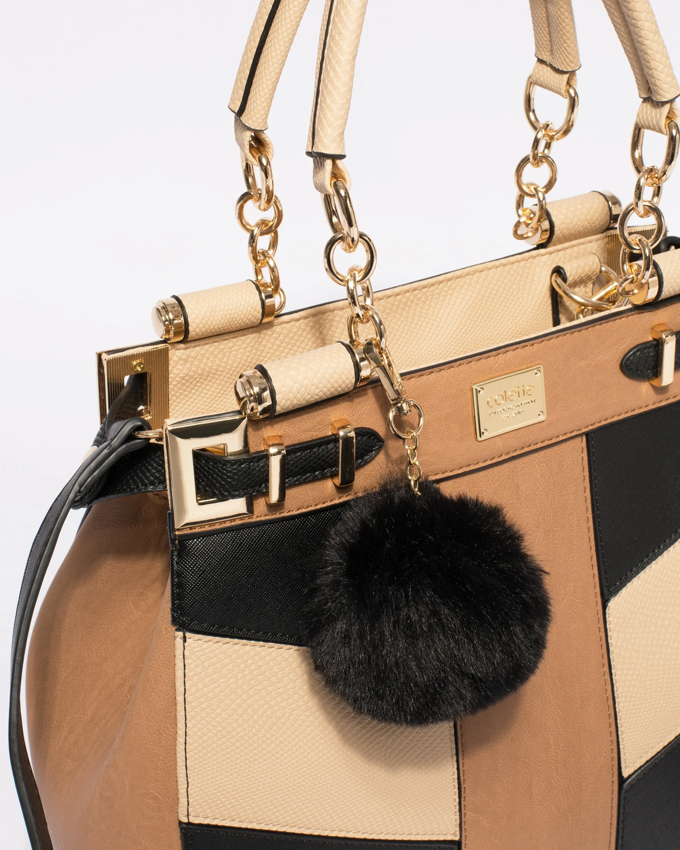 Multi Colour Textured Nadine Pom Pom Tote Bag With Gold Hardware