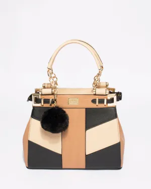 Multi Colour Textured Nadine Pom Pom Tote Bag With Gold Hardware