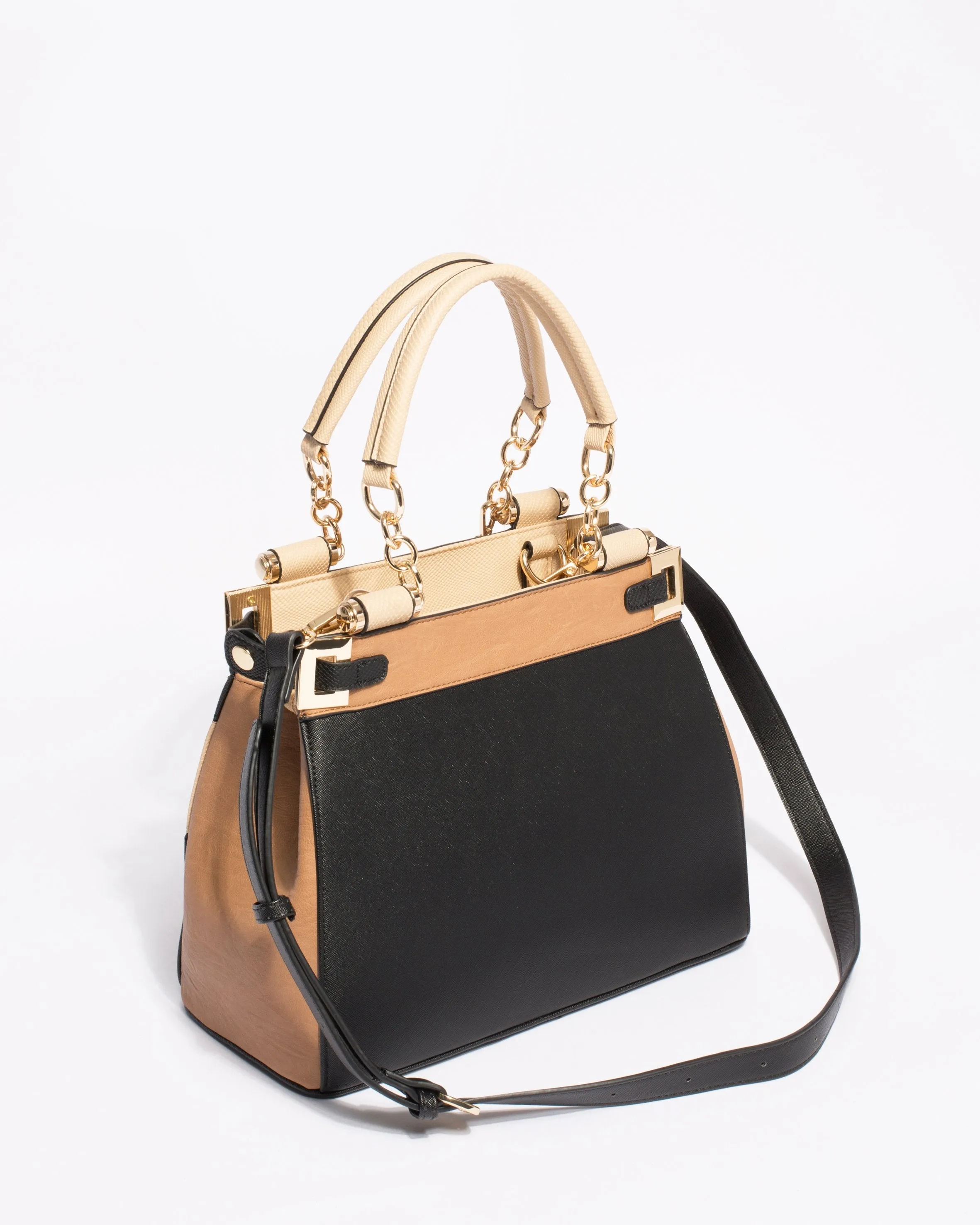 Multi Colour Textured Nadine Pom Pom Tote Bag With Gold Hardware