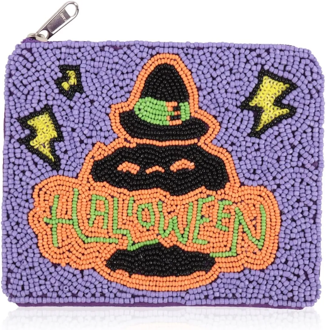 Multifunction Cute Print Travel Cosmetic Pouch Bag - Bridesmaid Organizer Wristlet Purse Inspirational Quote/Skull/Pineapple (Bead Coin Pouch - Halloween Purple)