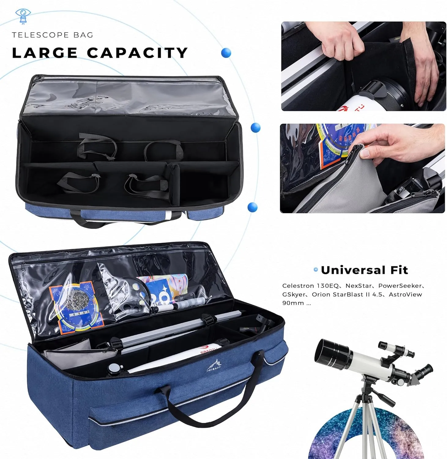 Multipurpose Telescope Bag 40 In– Padded Shock Absorbent –600D Oxford Telescope Carrying Case for Celestron with Adjustable Shoulder Strap & Pockets and Extra Storage, Blue