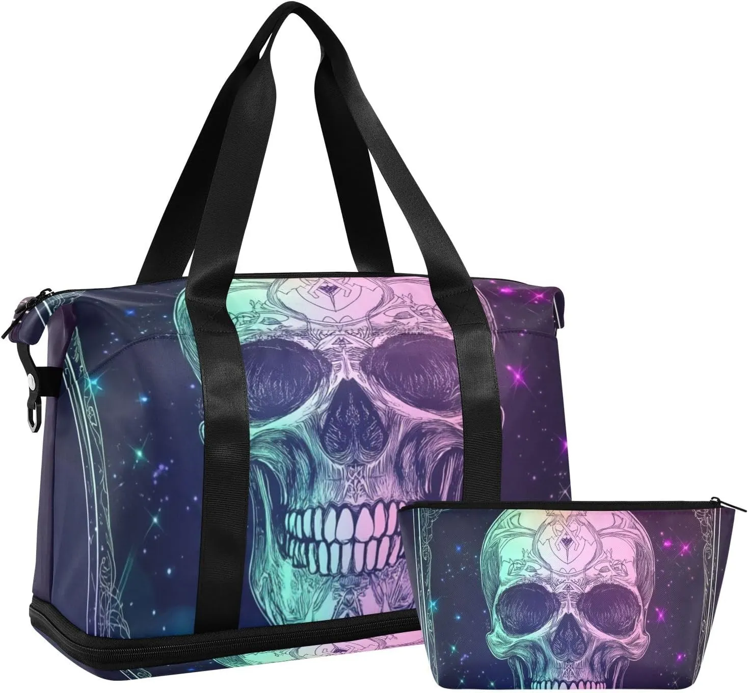 Mysterious Tarot Astrological Skeleton Gym Tote Bag Gym Carry on Duffel Bags with Toiletry Bag for Trekking Foldable