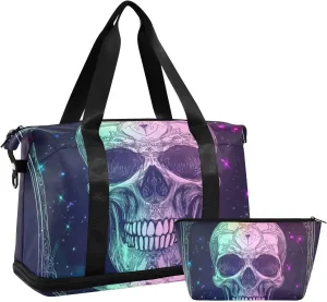 Mysterious Tarot Astrological Skeleton Gym Tote Bag Gym Carry on Duffel Bags with Toiletry Bag for Trekking Foldable