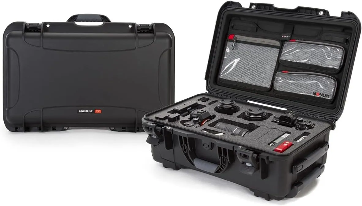 NANUK Media Series 935 Waterproof Wheeled Hard Case with Lid Organizer and Foam Insert for DSLR Cameras, Black