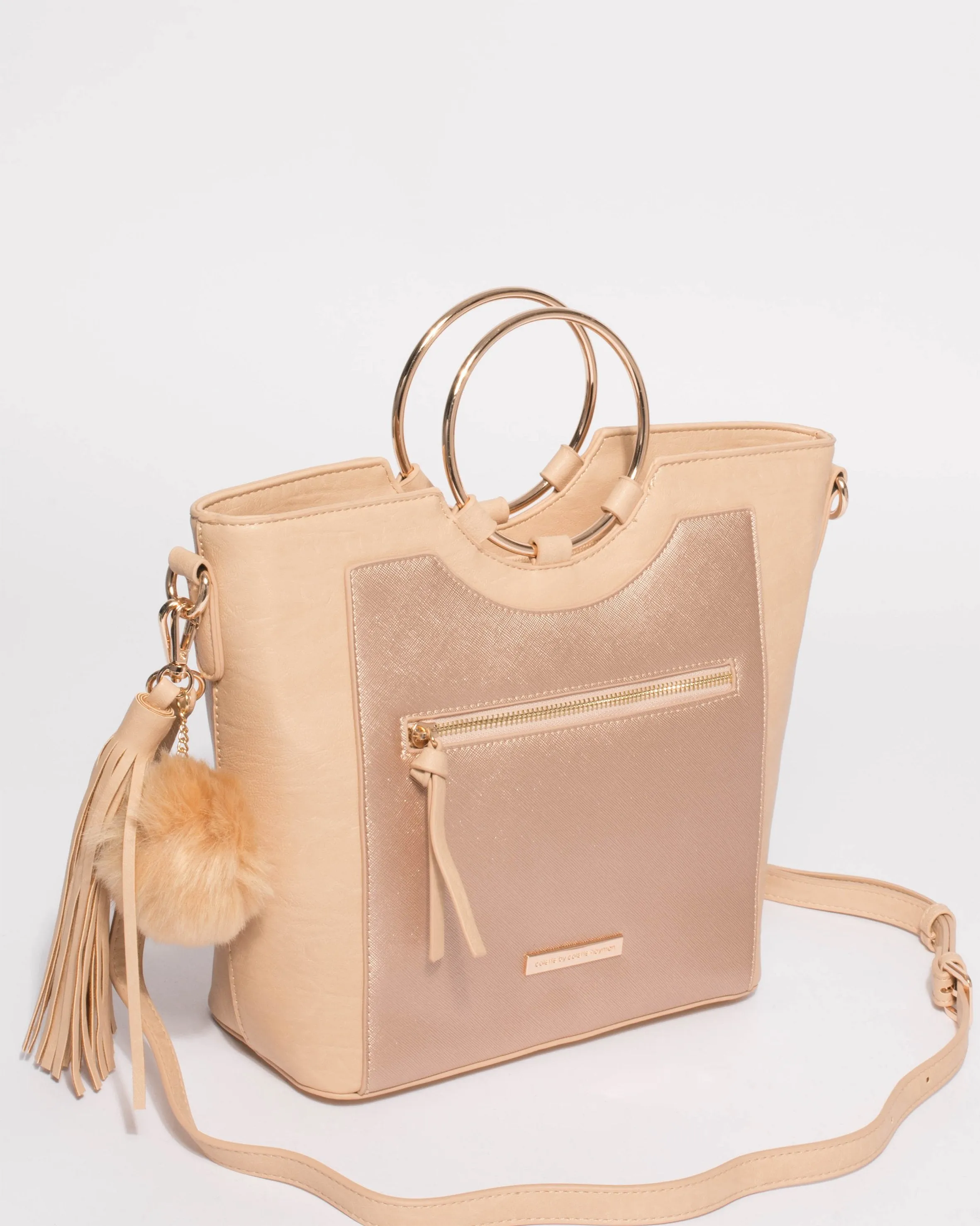 Natural And Rose Gold Bella Ring Hardware Tote Bag