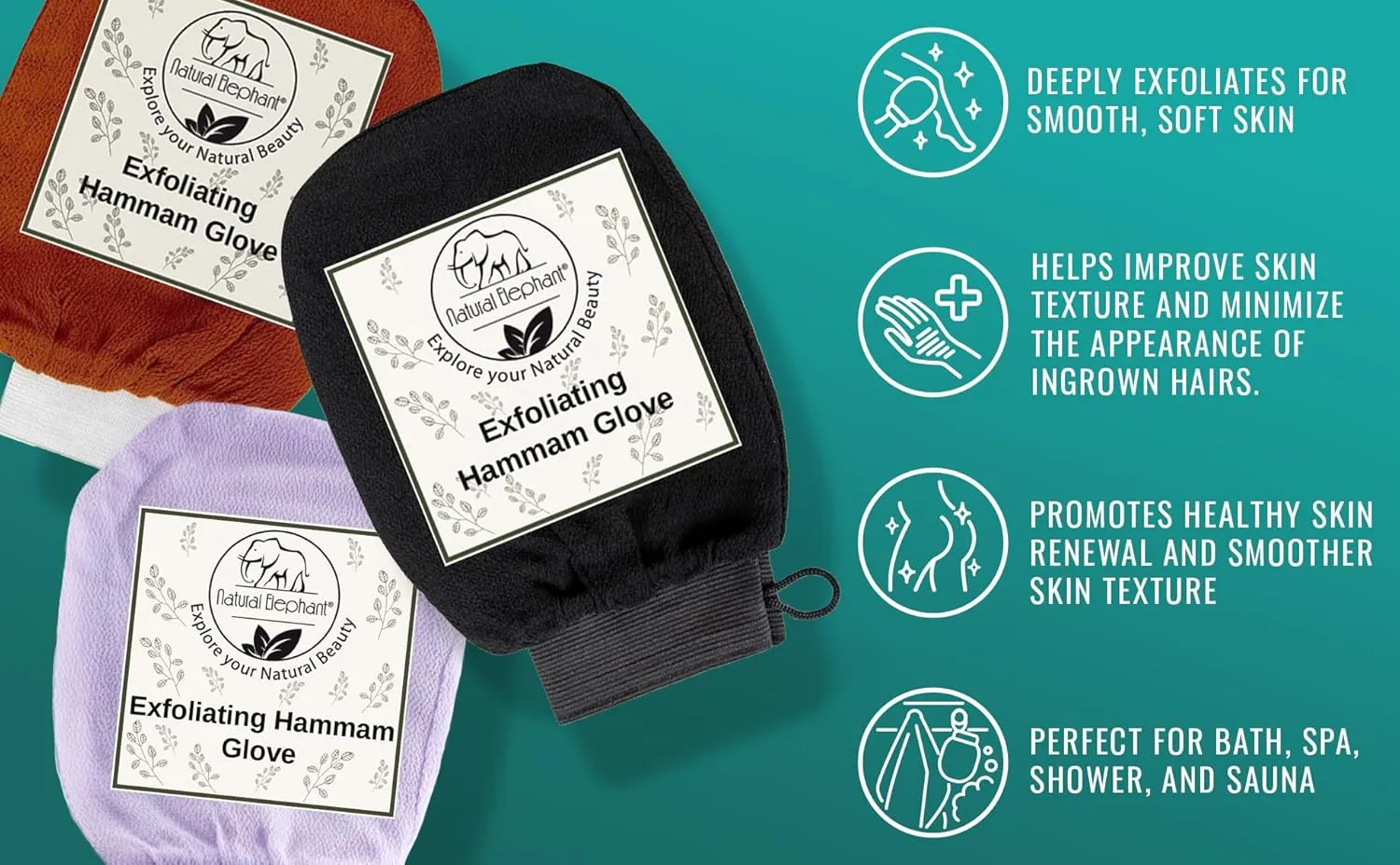 Natural Elephant Exfoliating Hammam Glove - Face and Body Exfoliator Mitt 5 and 10 packs (Teal Waves (Pack of 10))