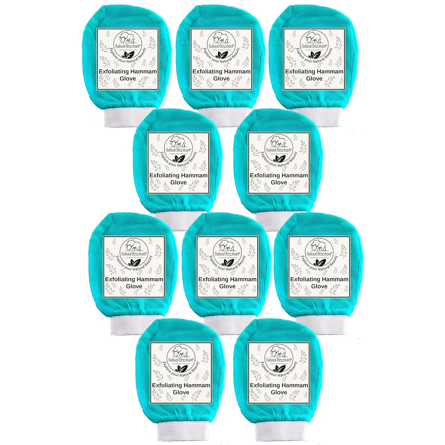 Natural Elephant Exfoliating Hammam Glove - Face and Body Exfoliator Mitt 5 and 10 packs (Teal Waves (Pack of 10))