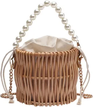 Natural Handwoven Wicker Handbag Straw Purse for Women Pearl Hand Woven Handbag Beach Bag Wicker Handbag Summer Woven Crossbody Shoulder Bag Pearl Shoulder Bag Straw Pearl Basket Purse