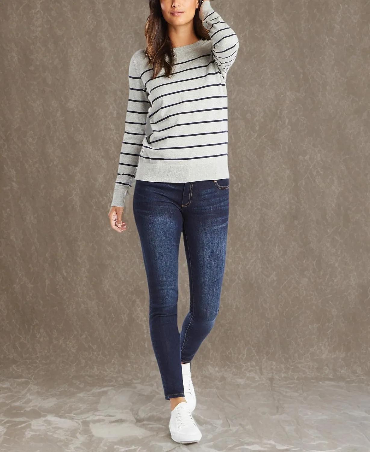 Nautica Women's Year-Round Long Sleeve 100% Cotton Striped Crewneck Sweater