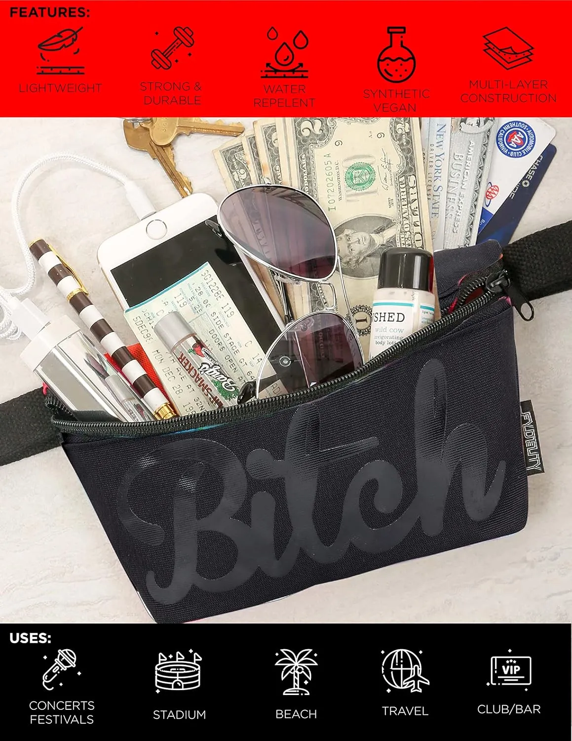 NC-17 90s Black Fanny Pack Crossbody Bags for Women Festival Bag Small Fanny Packs for Women Fashionable Concert Rave Accessories Fanny Pack for Men Womens Fashion Waist (83024)