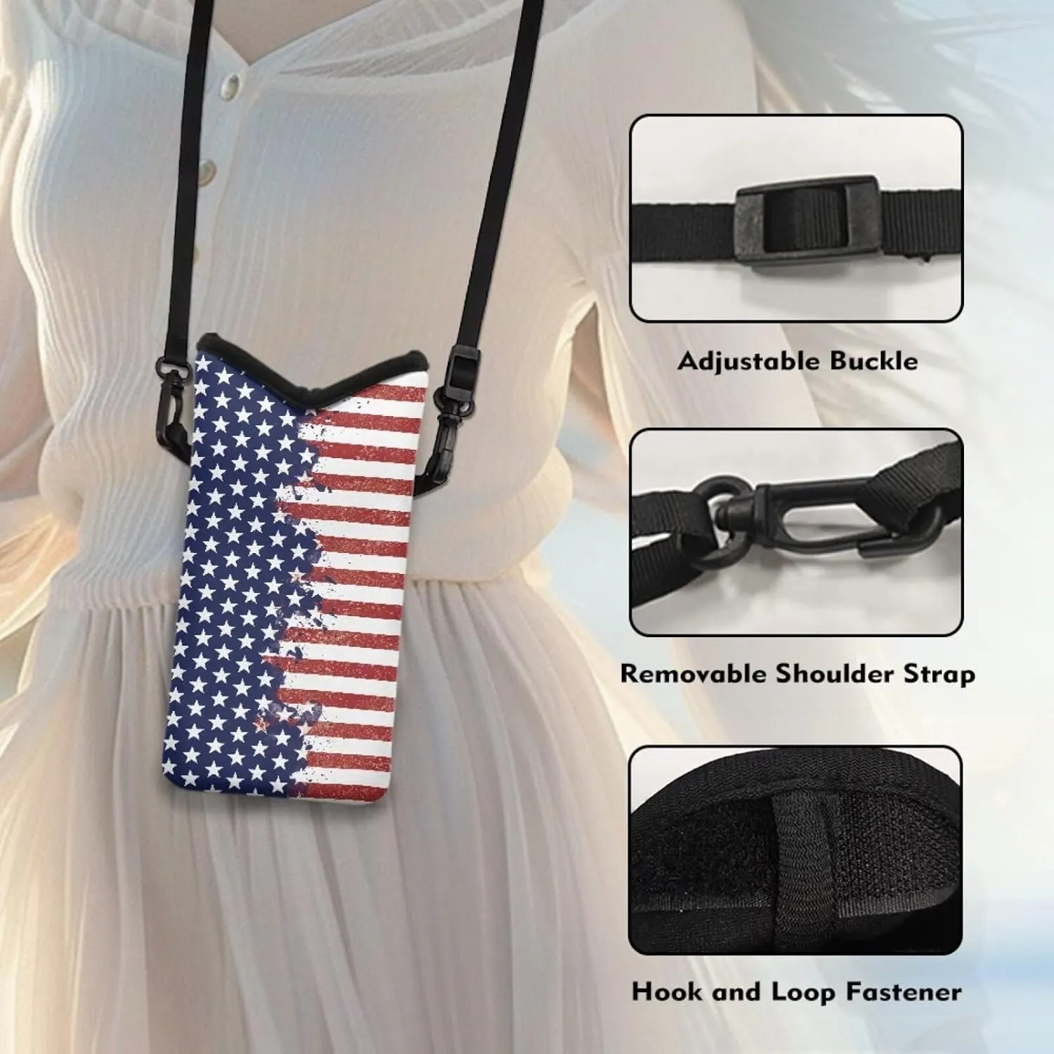 Neoprene Phone Bag Adjustable Crossbody Strap Mobile Protection Case Hook and Loop Fastener Phone Bag, 4 X 8 Inch