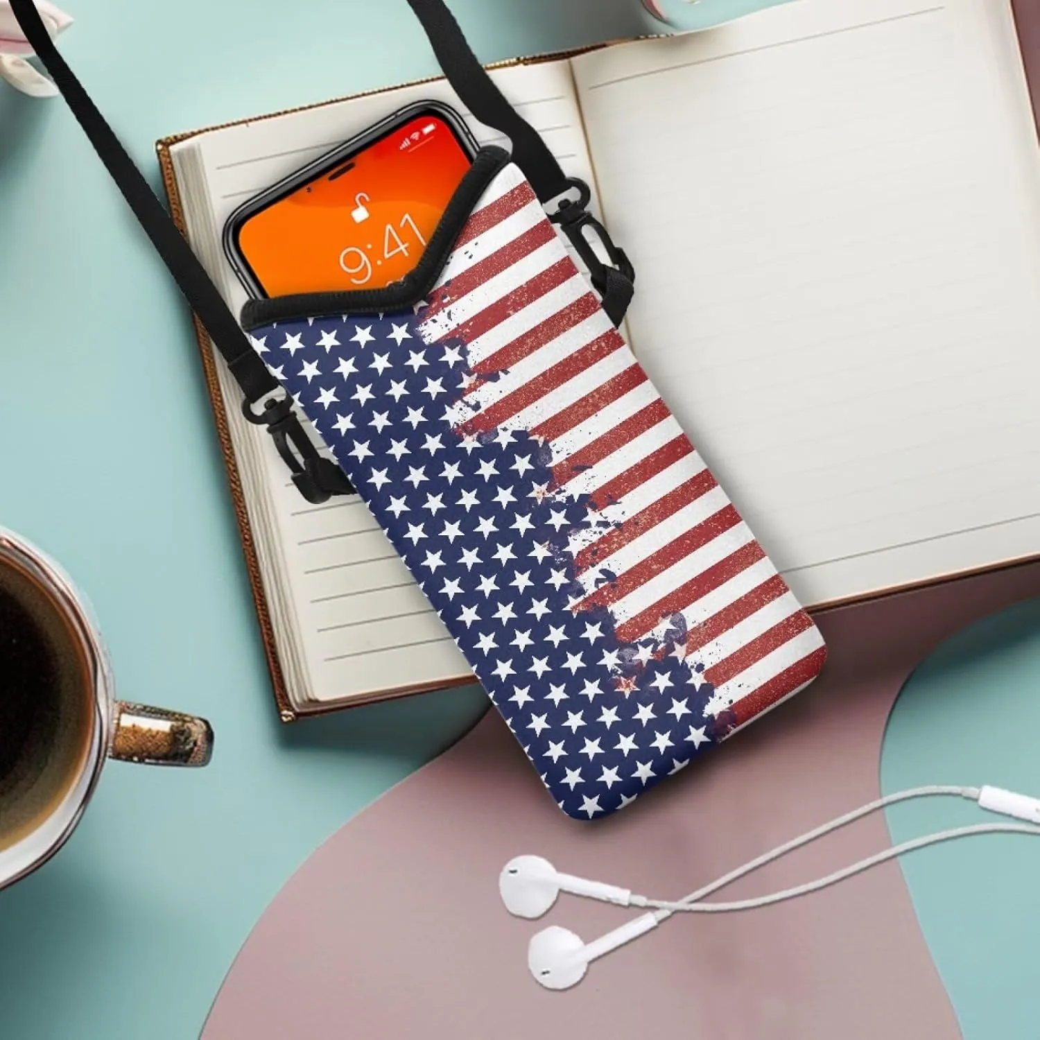Neoprene Phone Bag Adjustable Crossbody Strap Mobile Protection Case Hook and Loop Fastener Phone Bag, 4 X 8 Inch