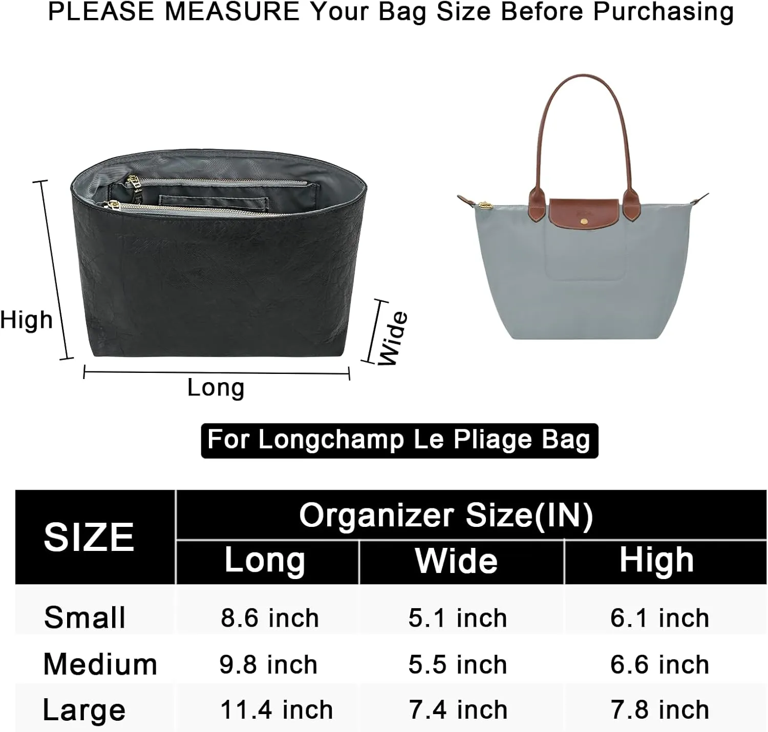 New Dupont Paper Purse Organizer Insert for Longchamp Le Pliage L Handbag Insert (Gray, Large)