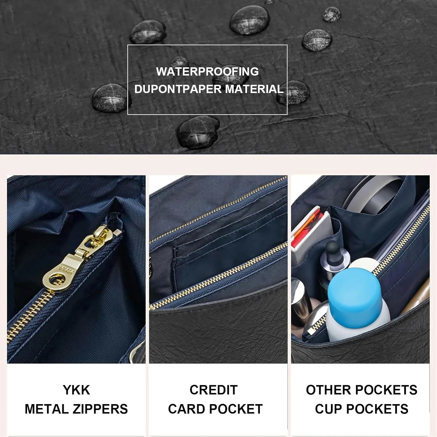 New Dupont Paper Purse Organizer Insert for Longchamp Le Pliage M Handbag Insert (Black&DarkBlue, Medium)