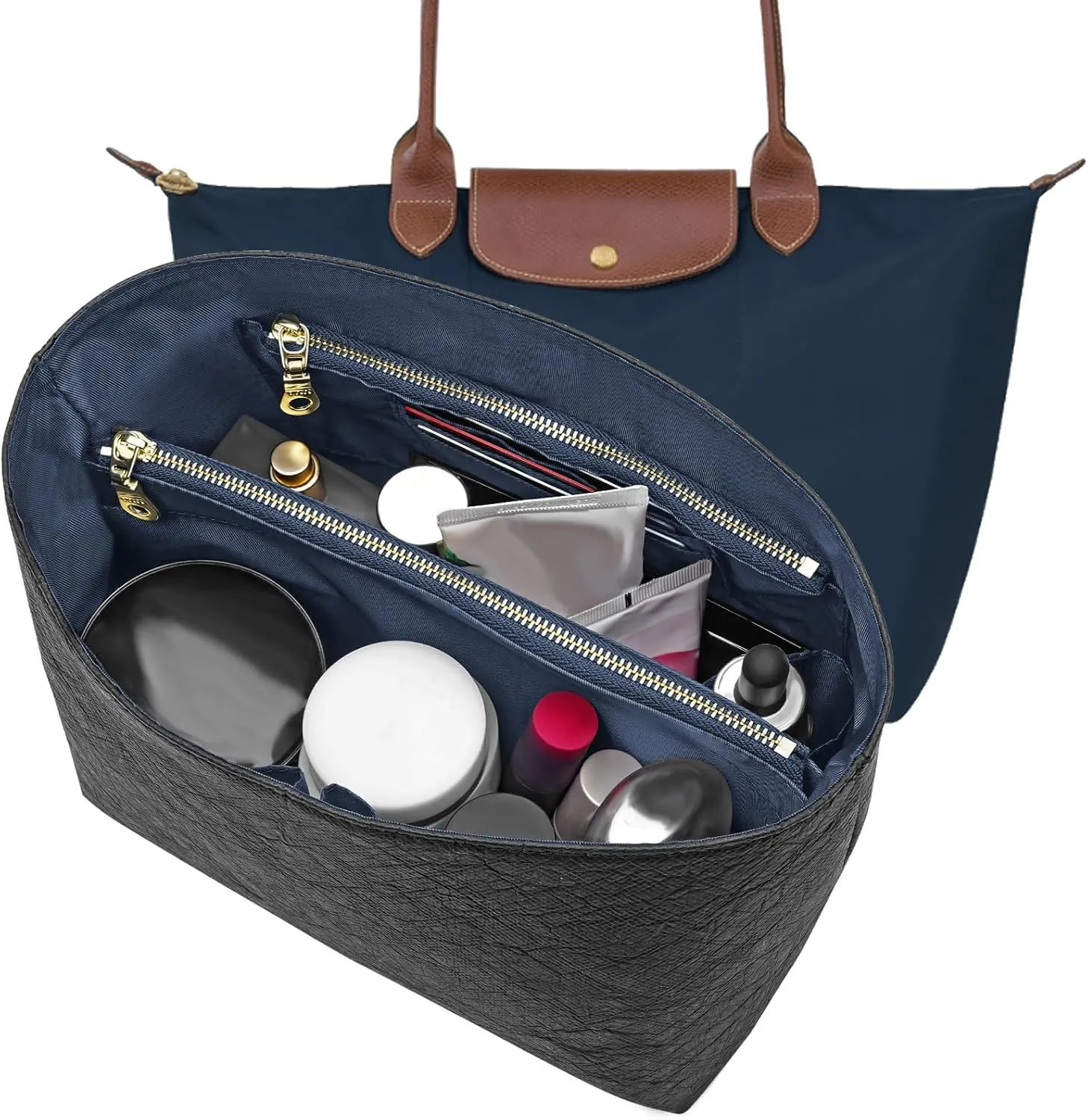 New Dupont Paper Purse Organizer Insert for Longchamp Le Pliage M Handbag Insert (Black&DarkBlue, Medium)