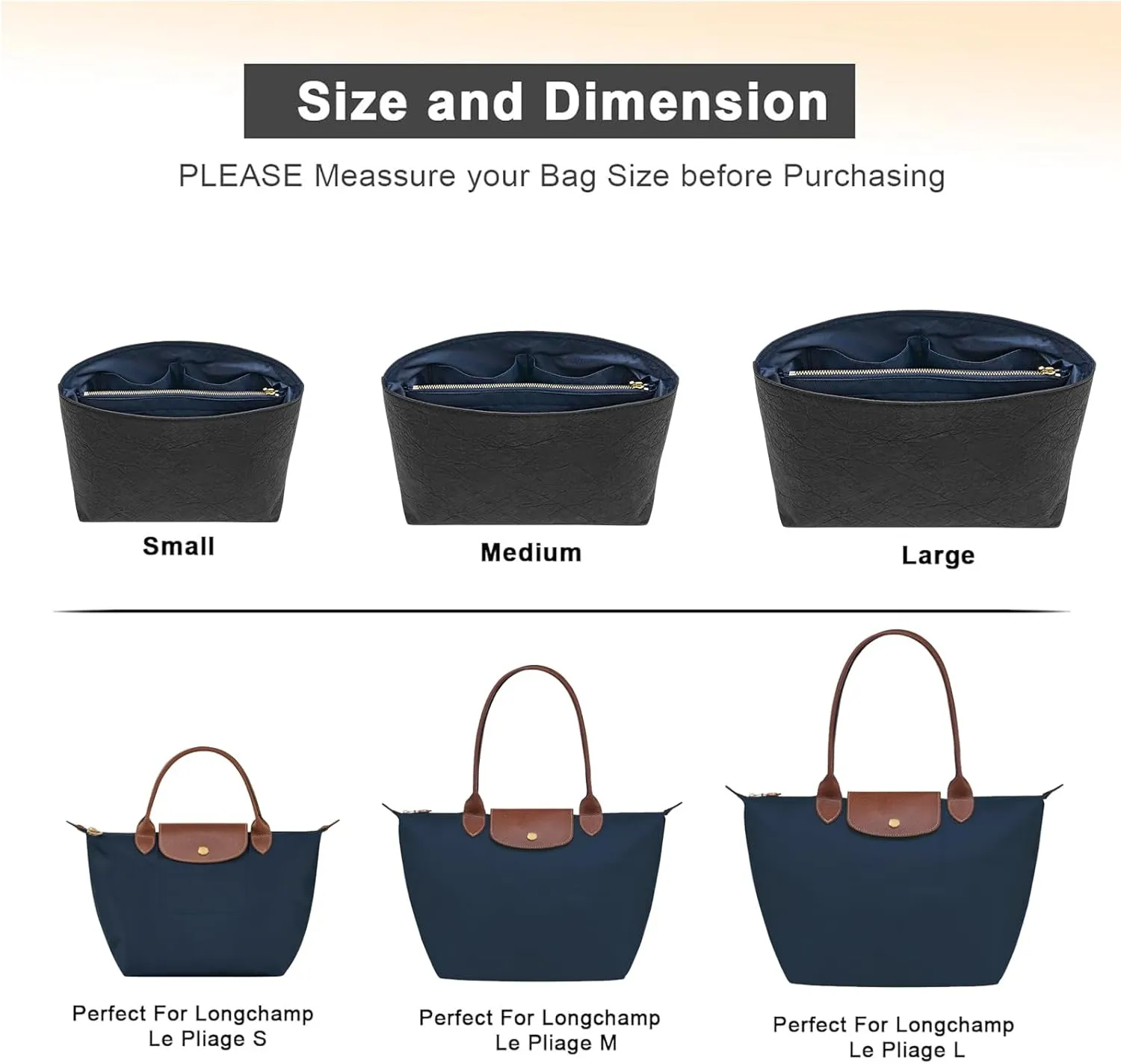 New Dupont Paper Purse Organizer Insert for Longchamp Le Pliage M Handbag Insert (Black&DarkBlue, Medium)