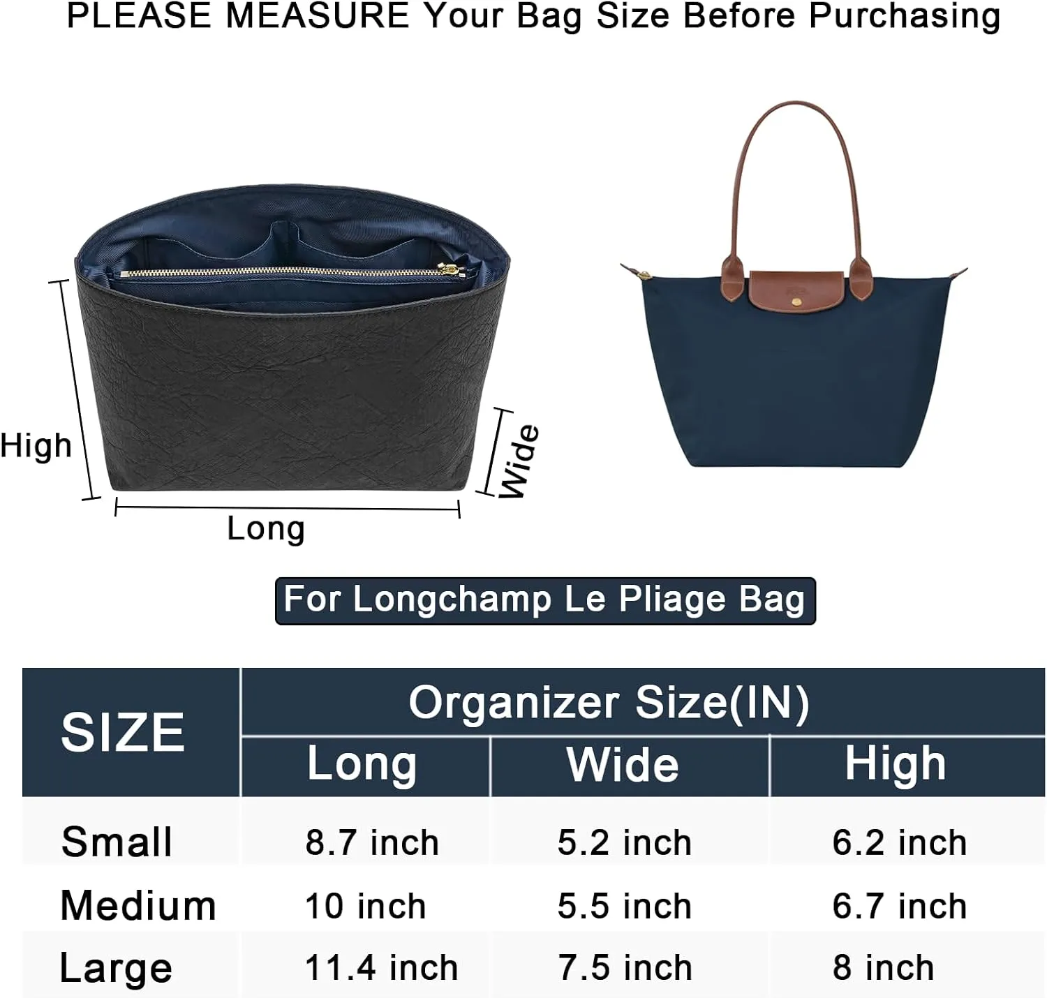 New Dupont Paper Purse Organizer Insert for Longchamp Le Pliage M Handbag Insert (Black&DarkBlue, Medium)