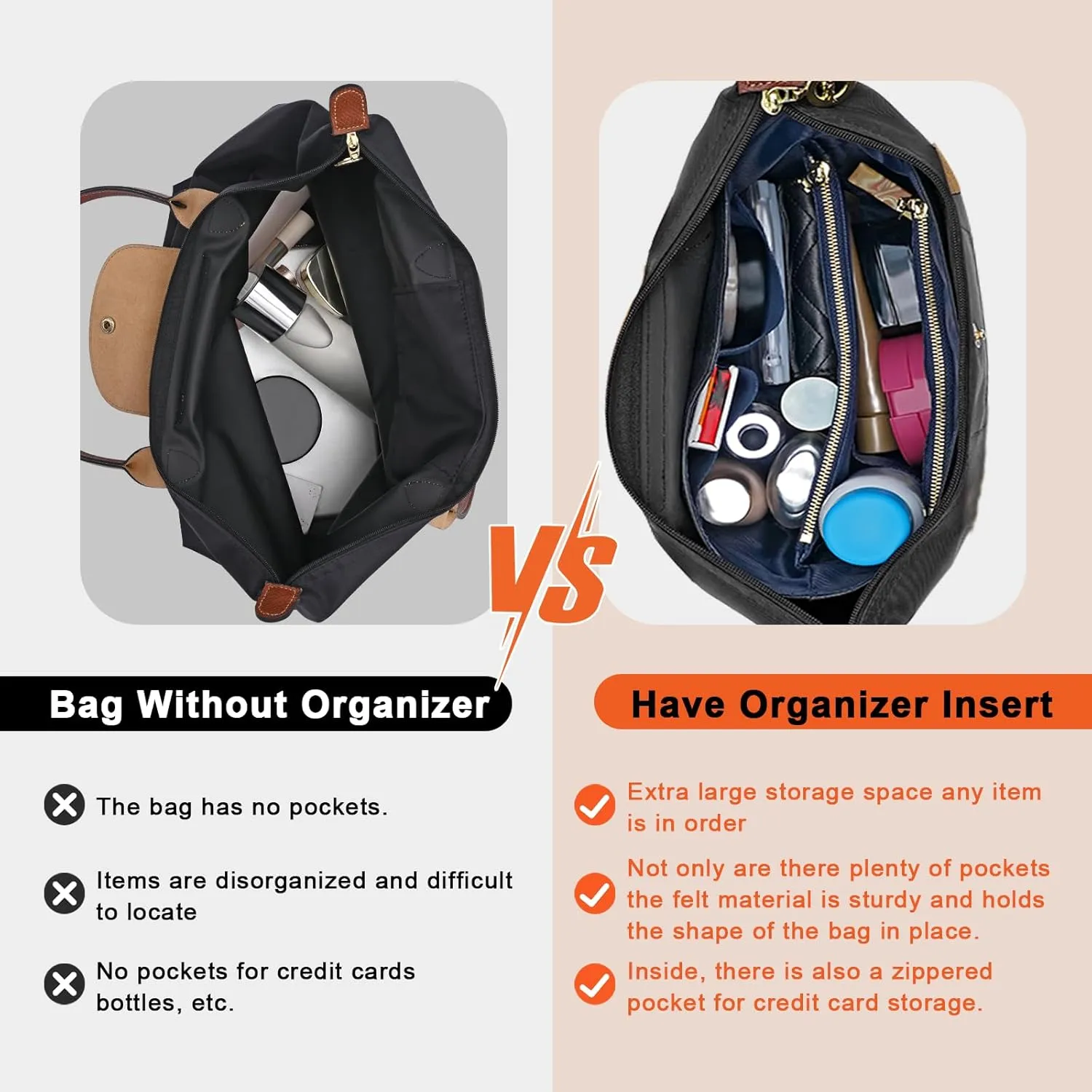 New Dupont Paper Purse Organizer Insert for Longchamp Le Pliage M Handbag Insert (Black&DarkBlue, Medium)