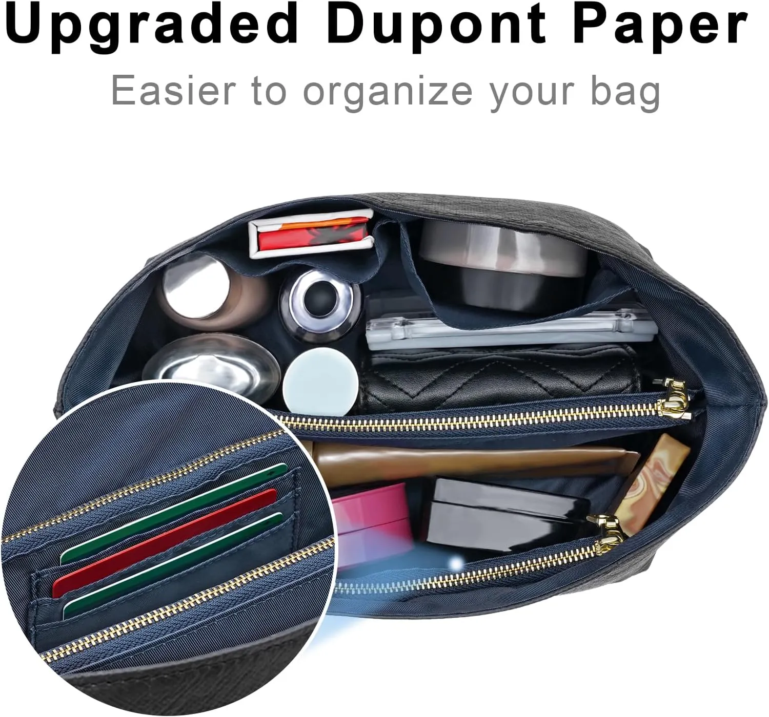 New Dupont Paper Purse Organizer Insert for Longchamp Le Pliage M Handbag Insert (Black&DarkBlue, Medium)