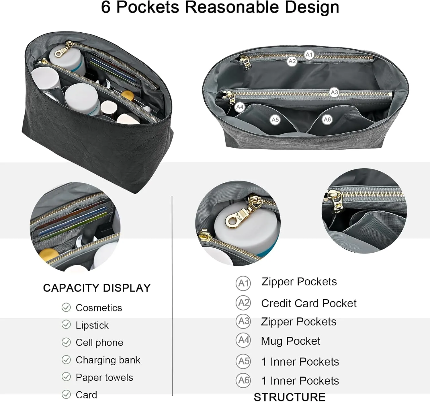 New Dupont Paper Purse Organizer Insert for Longchamp Le Pliage M Handbag Insert (Gray, Medium)