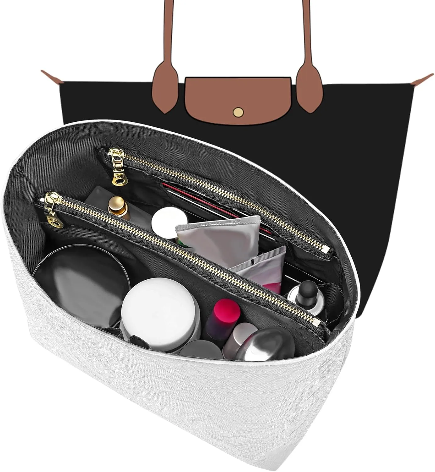 New Dupont Paper Purse Organizer Insert for Longchamp Le Pliage M Handbag Insert (Withe&Black, Medium)