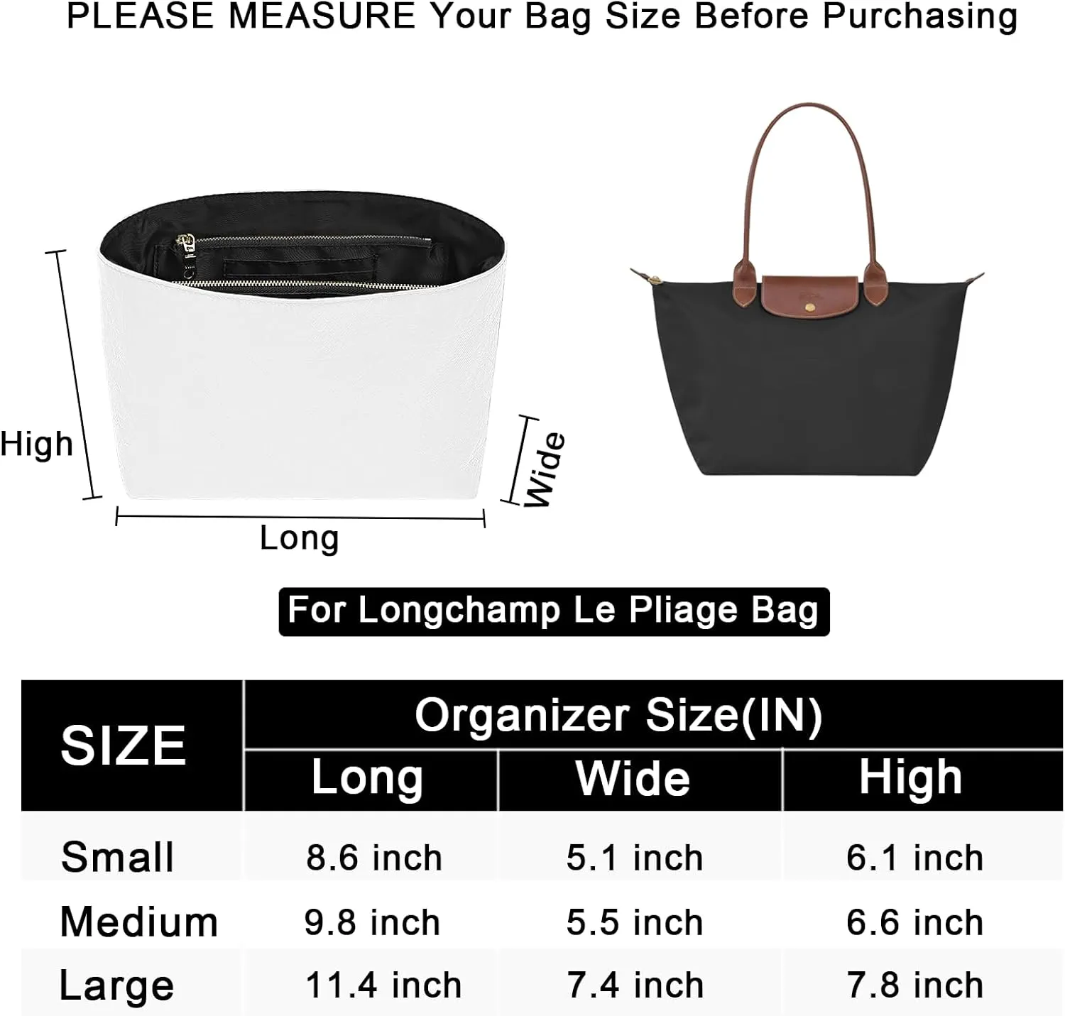 New Dupont Paper Purse Organizer Insert for Longchamp Le Pliage M Handbag Insert (Withe&Black, Medium)