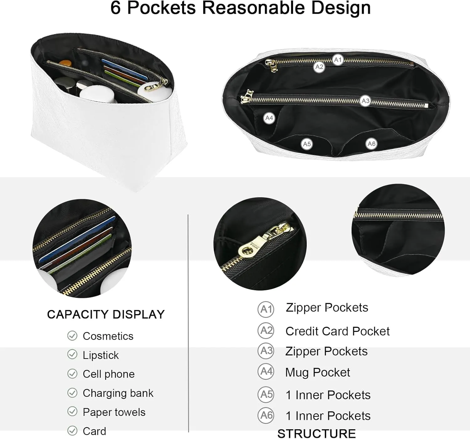 New Dupont Paper Purse Organizer Insert for Longchamp Le Pliage M Handbag Insert (Withe&Black, Medium)