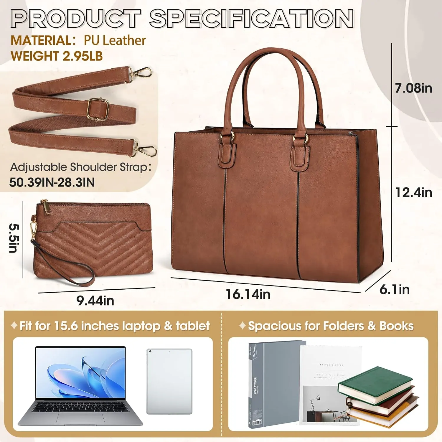 NEWHEY Laptop Bag for Women 15.6 Inch Work Tote Bags Leather Computer Bag with Clutch Purse Professional Office Briefcase Waterproof Handbag for Business Travel College, Brown