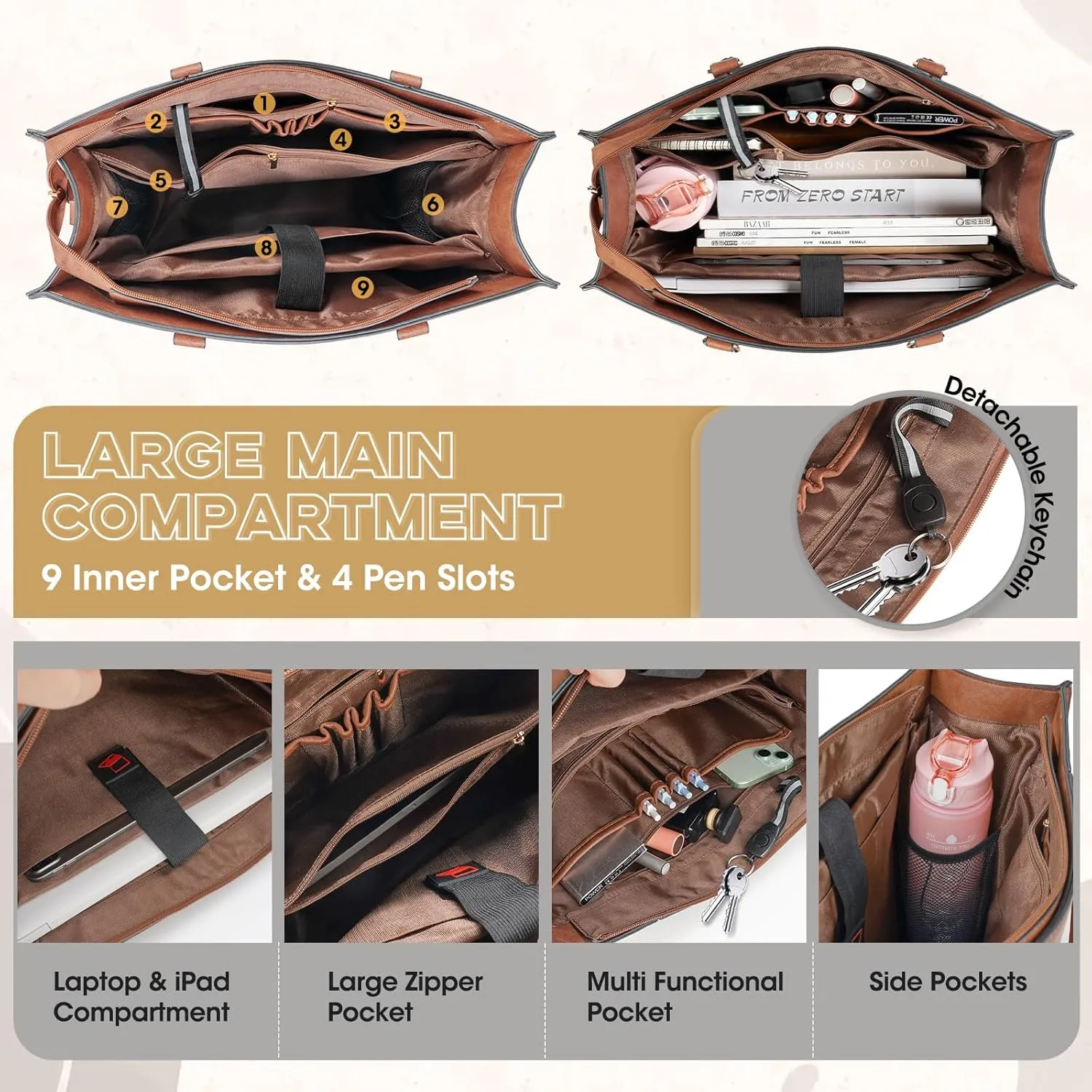 NEWHEY Laptop Bag for Women 15.6 Inch Work Tote Bags Leather Computer Bag with Clutch Purse Professional Office Briefcase Waterproof Handbag for Business Travel College, Brown