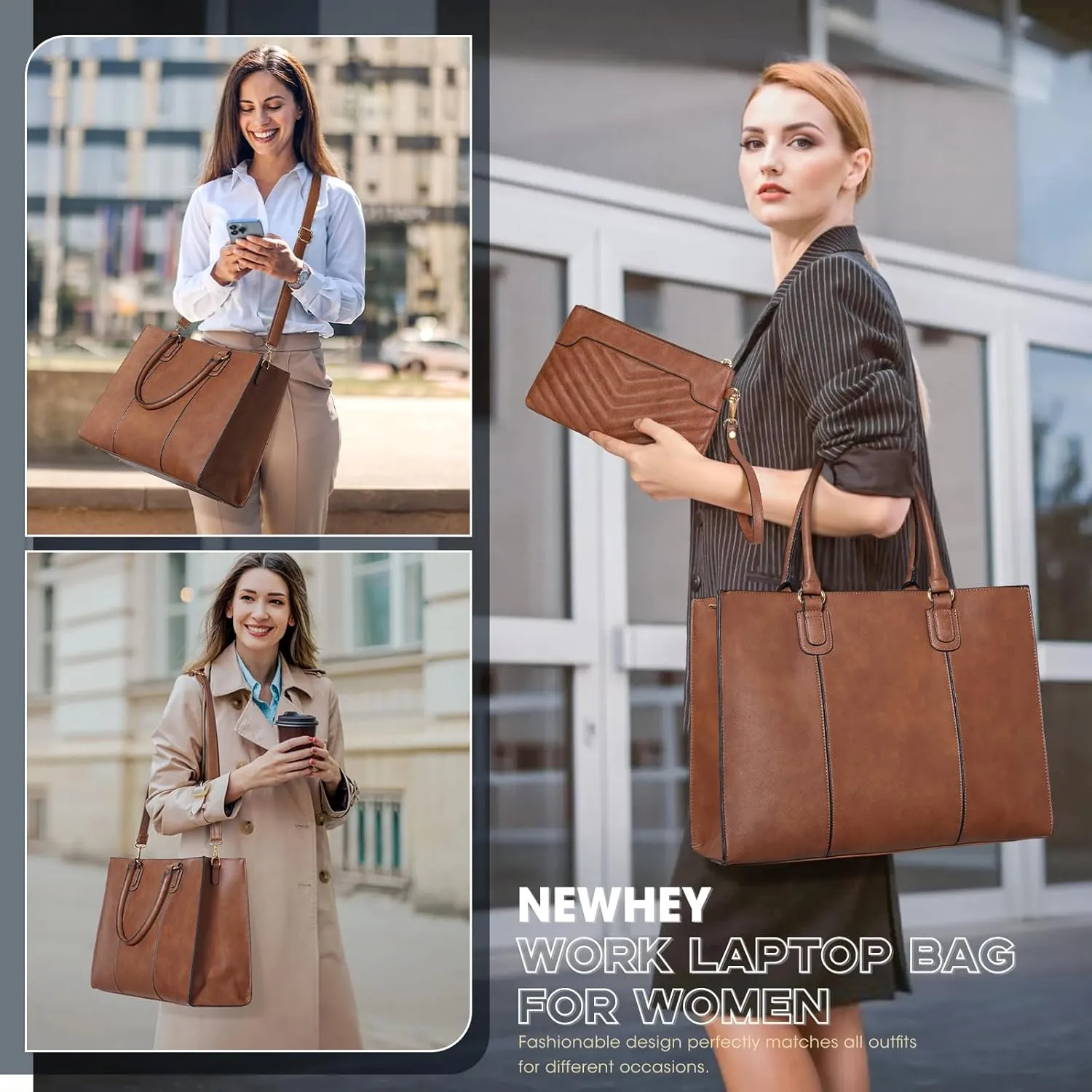 NEWHEY Laptop Bag for Women 15.6 Inch Work Tote Bags Leather Computer Bag with Clutch Purse Professional Office Briefcase Waterproof Handbag for Business Travel College, Brown