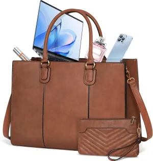 NEWHEY Laptop Bag for Women 15.6 Inch Work Tote Bags Leather Computer Bag with Clutch Purse Professional Office Briefcase Waterproof Handbag for Business Travel College, Brown