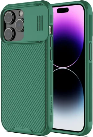 Nillkin for iPhone 14 Pro Case with Slide Camera Cover, [Full Around Protection], [Anti-Fingerprint], [Carbon Fiber Texture Anti-Scratch], Slim Shockproof Protective Case 6.1", Green