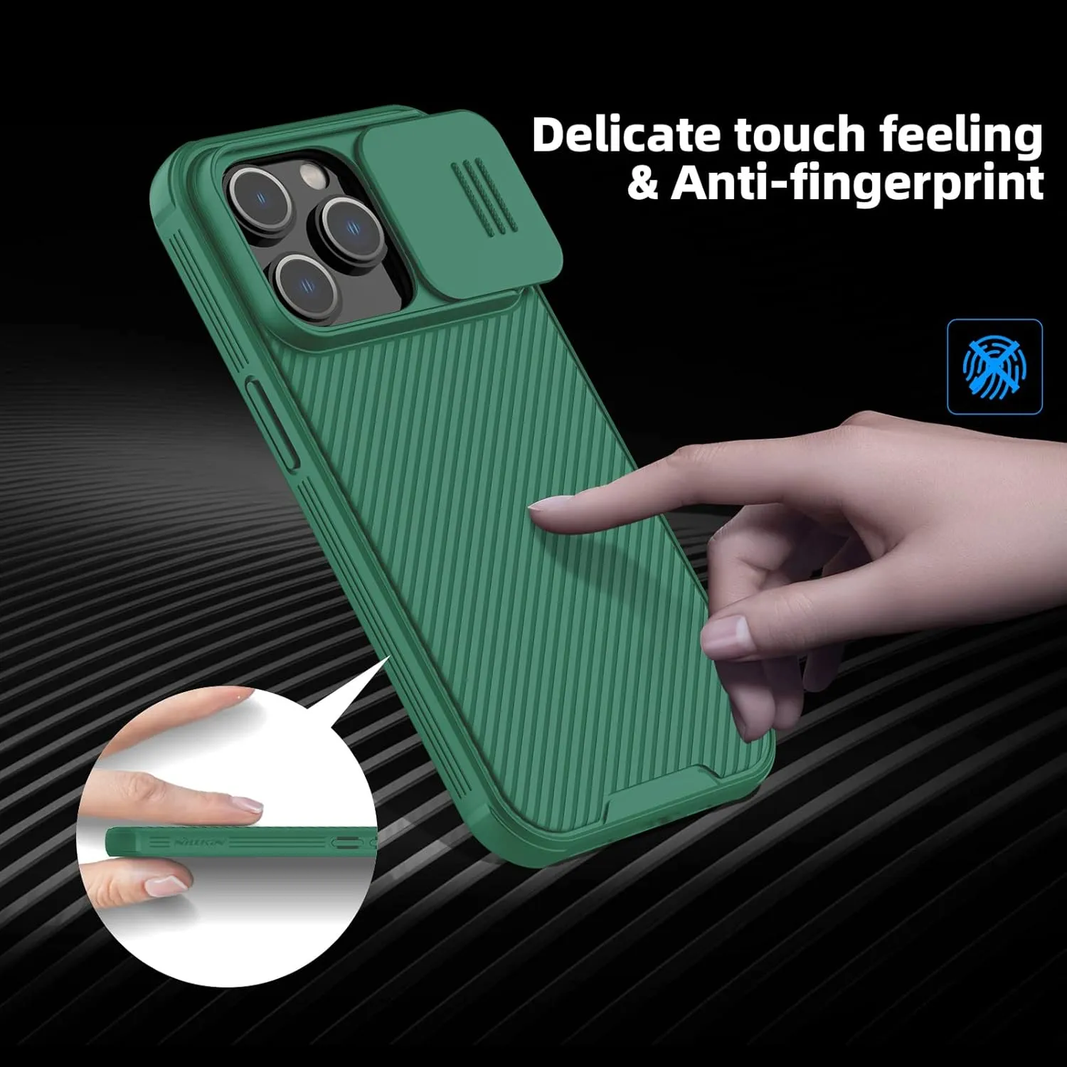 Nillkin for iPhone 14 Pro Case with Slide Camera Cover, [Full Around Protection], [Anti-Fingerprint], [Carbon Fiber Texture Anti-Scratch], Slim Shockproof Protective Case 6.1", Green