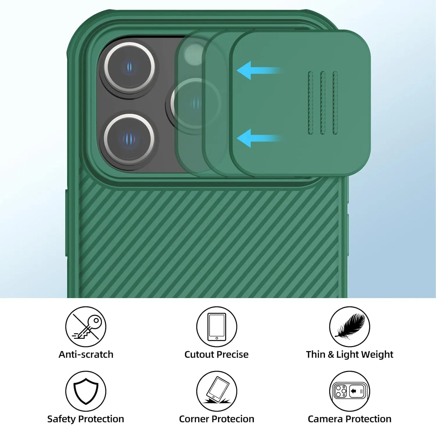 Nillkin for iPhone 14 Pro Case with Slide Camera Cover, [Full Around Protection], [Anti-Fingerprint], [Carbon Fiber Texture Anti-Scratch], Slim Shockproof Protective Case 6.1", Green