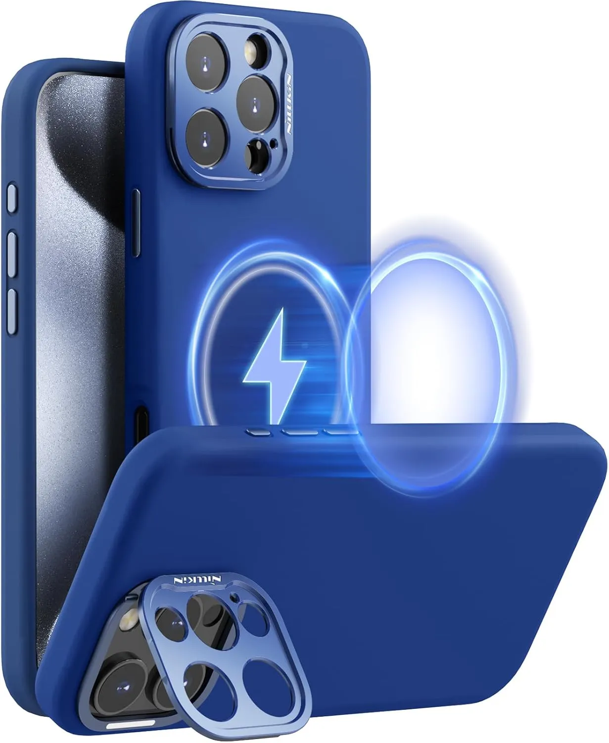 Nillkin for iPhone 16 Pro Case with Camera Protection & Stand, Compatible with MagSafe, Shockproof Silicone Slim Phone Case iPhone 16 Pro, Soft Anti-Scratch Microfiber Lining, Blue