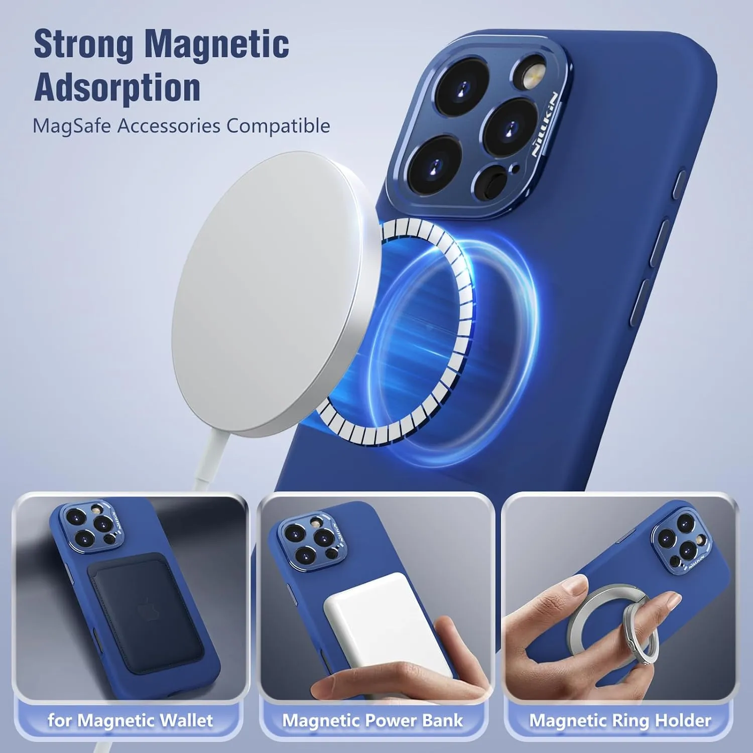 Nillkin for iPhone 16 Pro Case with Camera Protection & Stand, Compatible with MagSafe, Shockproof Silicone Slim Phone Case iPhone 16 Pro, Soft Anti-Scratch Microfiber Lining, Blue