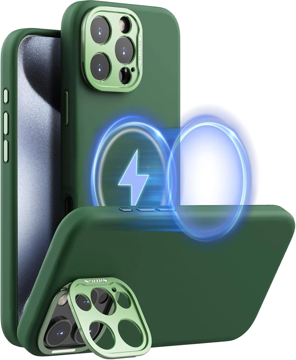 Nillkin for iPhone 16 Pro Case with Camera Protection & Stand, Compatible with MagSafe, Shockproof Silicone Slim Phone Case iPhone 16 Pro, Soft Anti-Scratch Microfiber Lining, Green