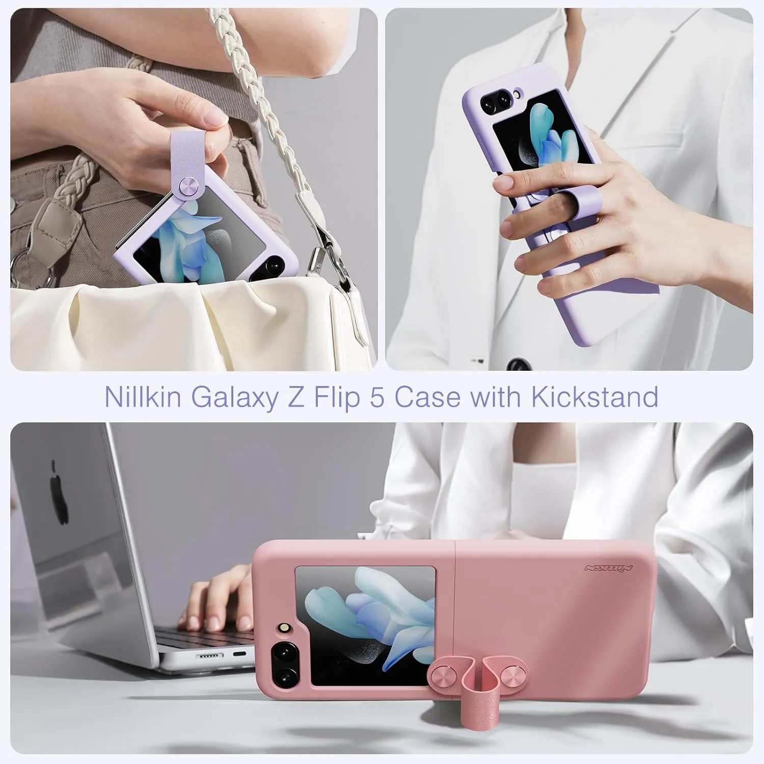 Nillkin Galaxy Z Flip 5 Case with 2 in 1 Wider Strap and Kickstand Shockproof Silicone Slim Cover Samsung Galaxy Z Flip 5 Case for Women and Men, Full Protective Samsung Flip 5 Phone Case 2023-Black