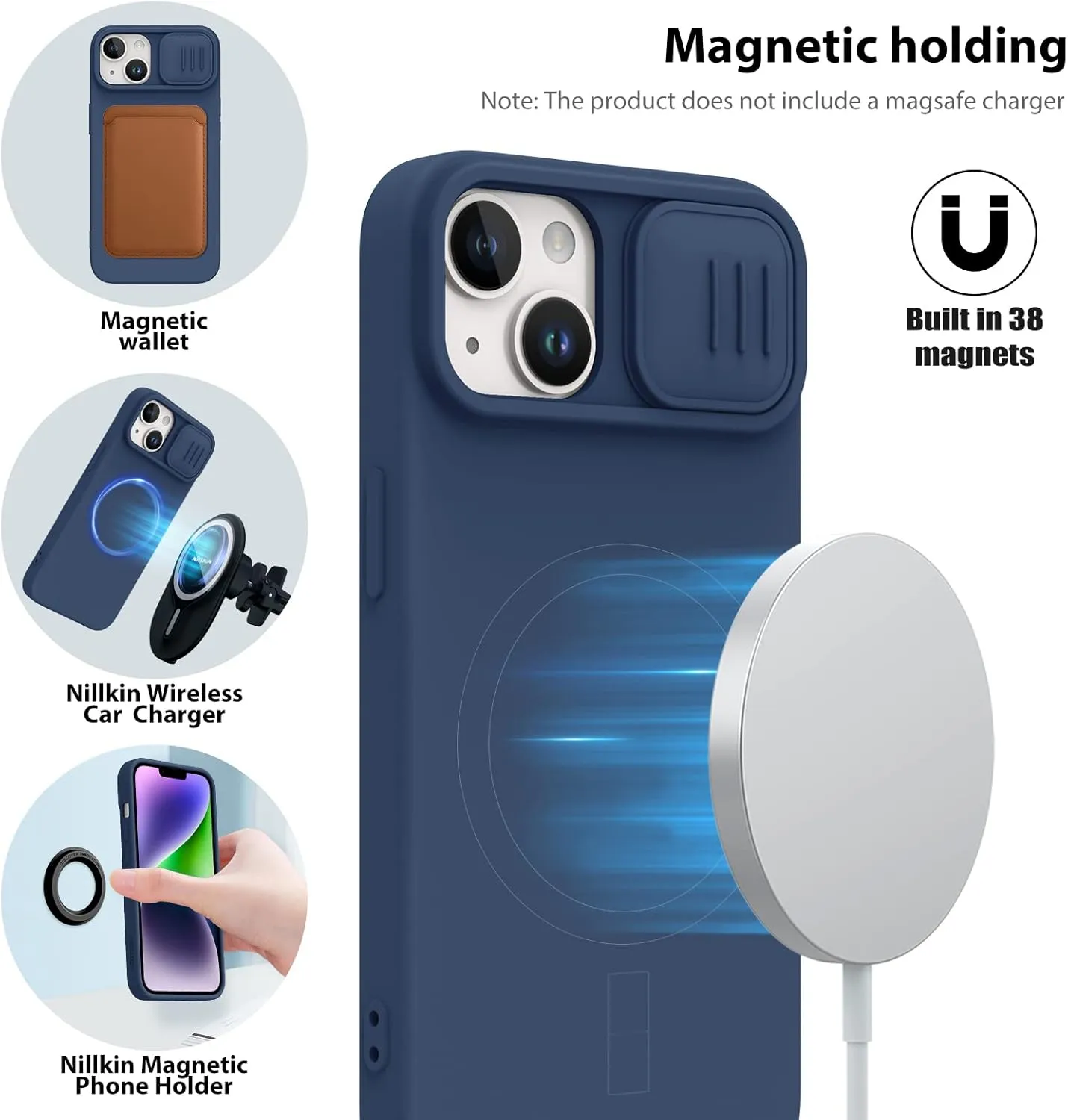 Nillkin iPhone 14 Plus Case Compatible with Magsafe, Silicone Magnetic Case with Slide Camera Cover, Slim Fit Thin Shockproof Cover 6.7 inch, Midnight Blue