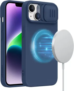 Nillkin iPhone 14 Plus Case Compatible with Magsafe, Silicone Magnetic Case with Slide Camera Cover, Slim Fit Thin Shockproof Cover 6.7 inch, Midnight Blue