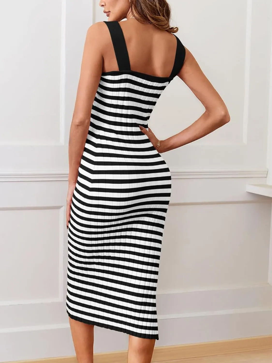 NTSWZYS Women's Sleeveless Striped Knit Bodycon Midi Dress Square Neck Side Slit Ribbed Knit Sweater 2025 Summer Dresses