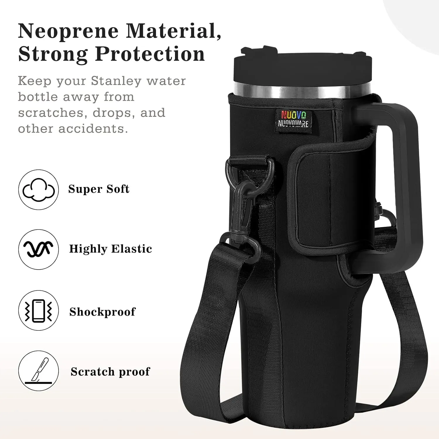Nuovoware Water Bottle Carrier Bag Fits Stanley 40 Oz Tumbler with Handle, Bottle Bag with Adjustable Shoulder Strap, Neoprene Bottle Holder for Stanley Water Bottle Accessories