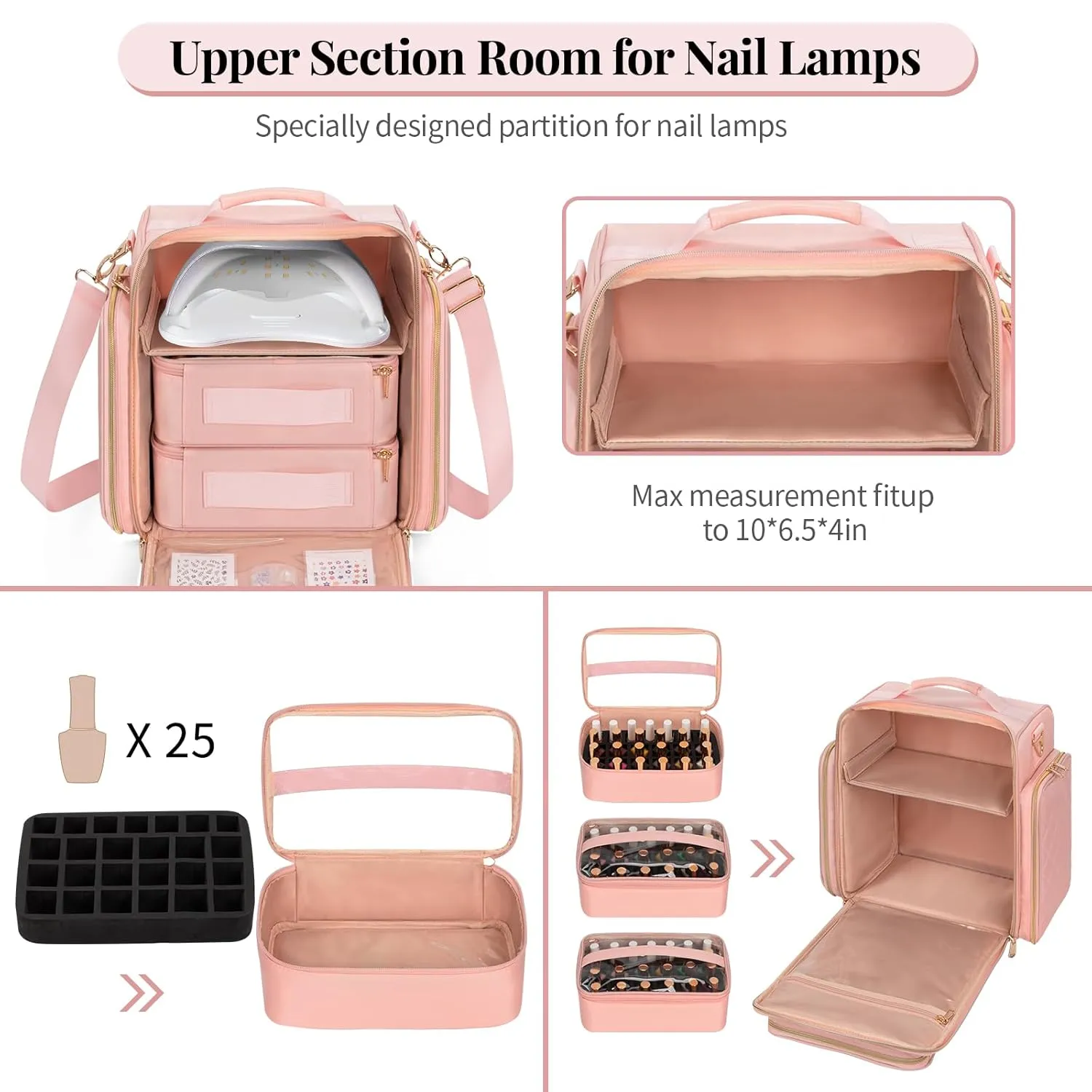 OCHEAL Nail Polish Organizer, Holds Nail Lamp and 75-90  Bottles, Nail Polish Holder Case with 3 Individual Pouches Fit Manicure Tools Storage for Manicurist Travel Carrying Bag -Pink